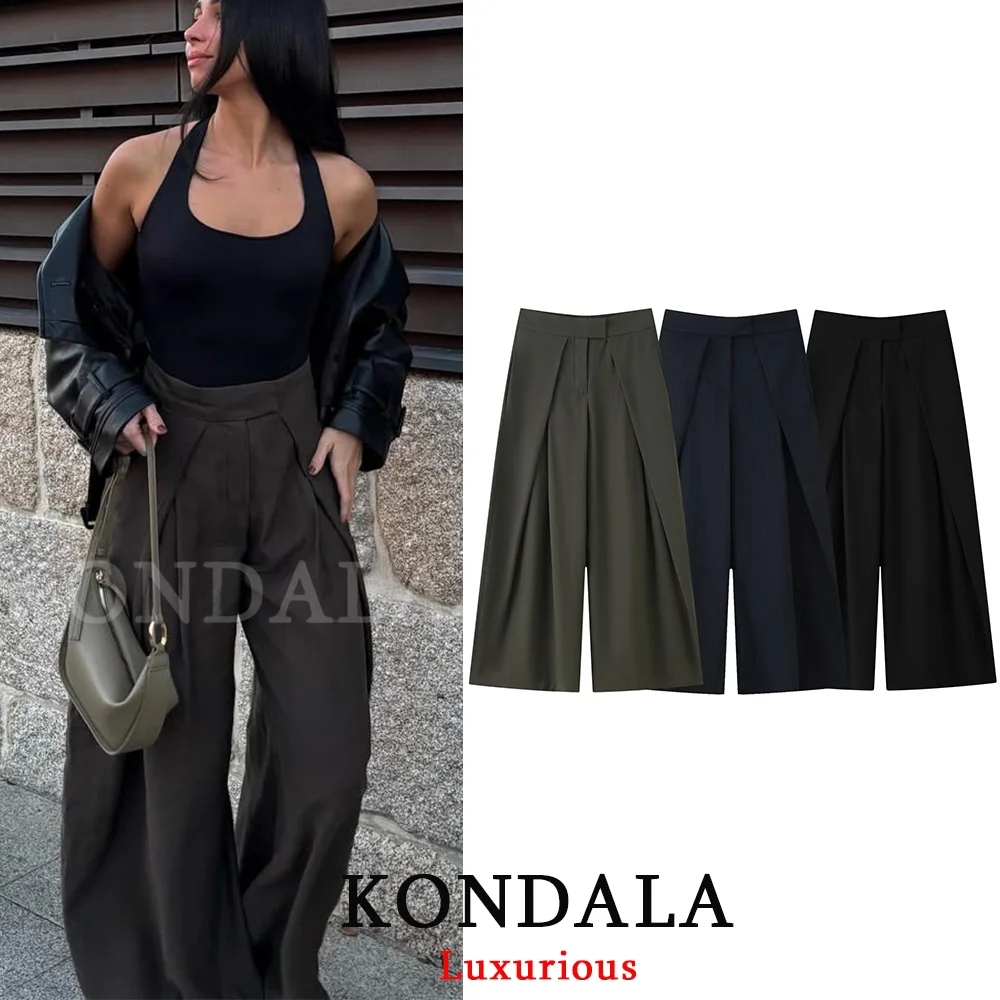 kf-S66c5f6973a6c41bf8d33e9961907d99ac KONDALA Casual Chic Wide Leg Pants Women Office Lady Pockets Pleated Long Trousers Fashion 2026 Spring Summer Streetwear Pants - Image 1