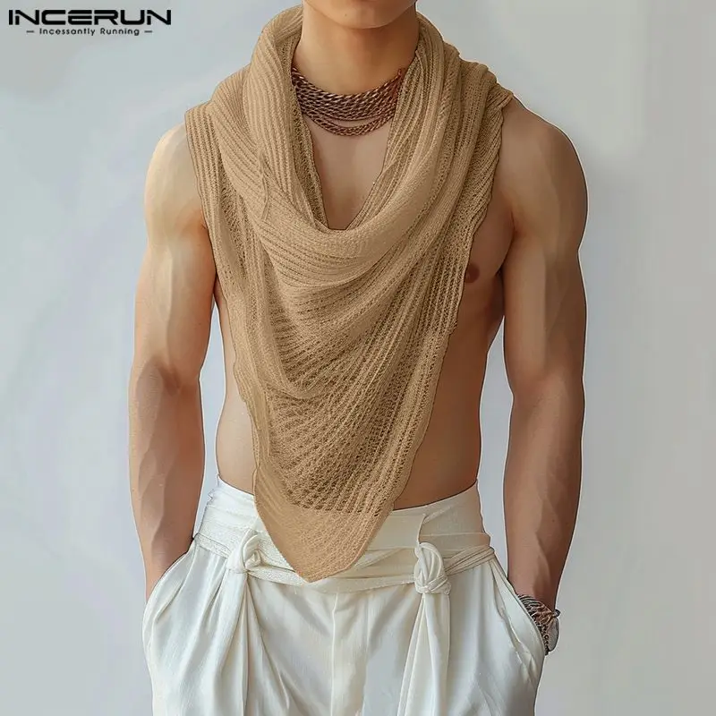kf-S6b9505a6a4e8477fa4738c9ab16eb6c3X INCERUN Men Irregular Tank Tops Solid Color Turtleneck Sleeveless Transparent Vests Summer Streetwear 2024 Fashion Men Clothing - Image 1