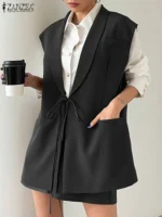 ZANZEA Autumn Women Blazer Vest Sleeveless Fashion Lapel Collar Waistcoat Elegant Lace Up Korean Tank Jackets Oversized Outwears