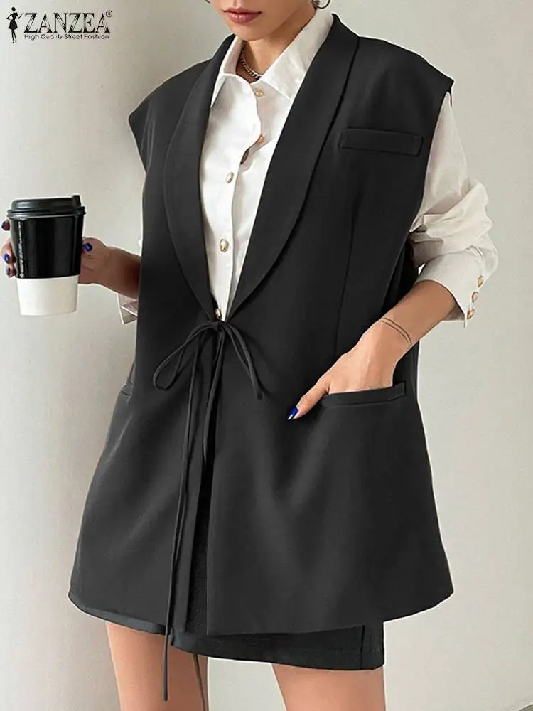 kf-S6dd8ff6f19f64b57a4fa056145b04b3ej ZANZEA Autumn Women Blazer Vest Sleeveless Fashion Lapel Collar Waistcoat Elegant Lace Up Korean Tank Jackets Oversized Outwears - Image 1
