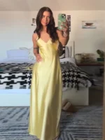 Solid Backless Stain Maxi Dress Women's Casual Spaghetti Strap V-neck High Waist Dresses 2026 Lady Summer Vacation Party Gowns