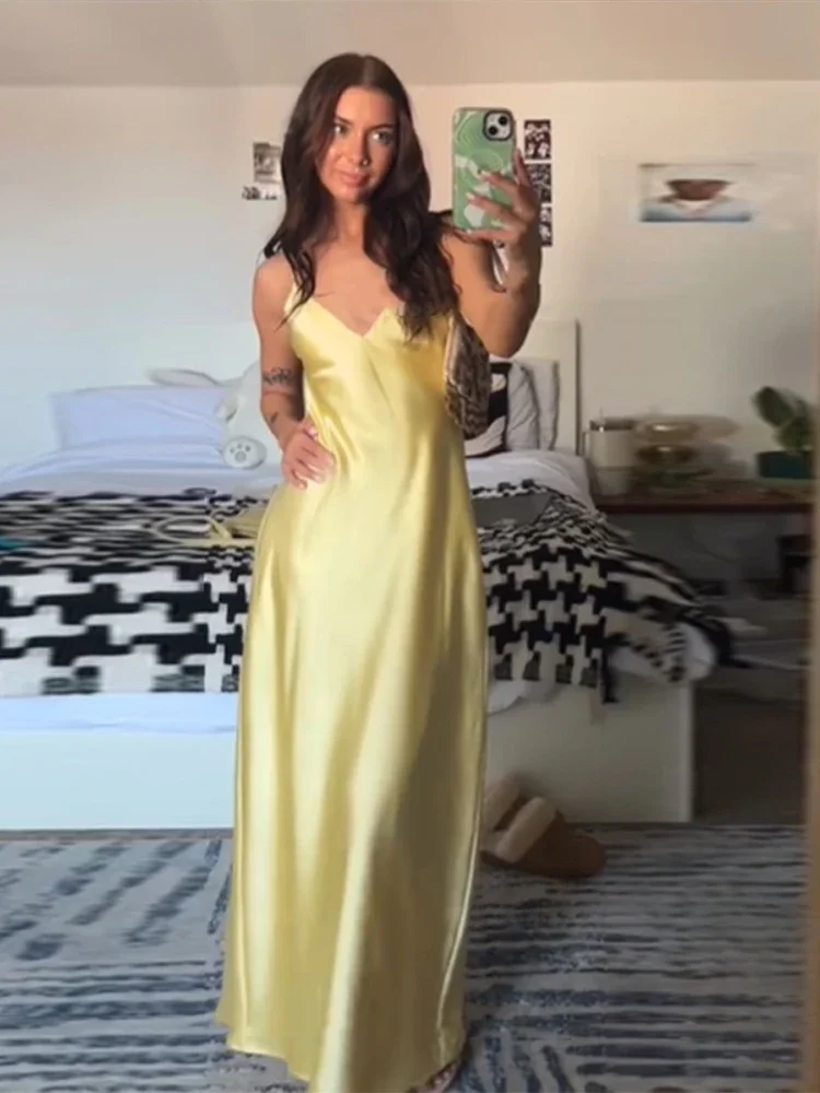 kf-S6ff0252fb6a5419dbbfc01f575d732c7F Solid Backless Stain Maxi Dress Women's Casual Spaghetti Strap V-neck High Waist Dresses 2026 Lady Summer Vacation Party Gowns - Image 1
