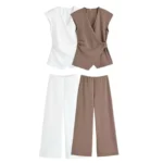 Simple Style Wide Leg Pants 2 Pieces Sets For Women Ruched Pin Vest Top Trousers Women's Suit 2026 New Casual Woman Outfits