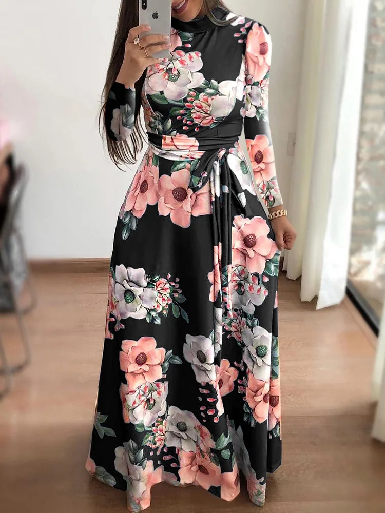 kf-S75c7759f4b244521ae31c6cdc50e093cm Women's Slim Dresses Casual Long Sleeve Round Neck Flower Printed Dress Strap Floor-Length Long Skirt Women's Clothing - Image 1