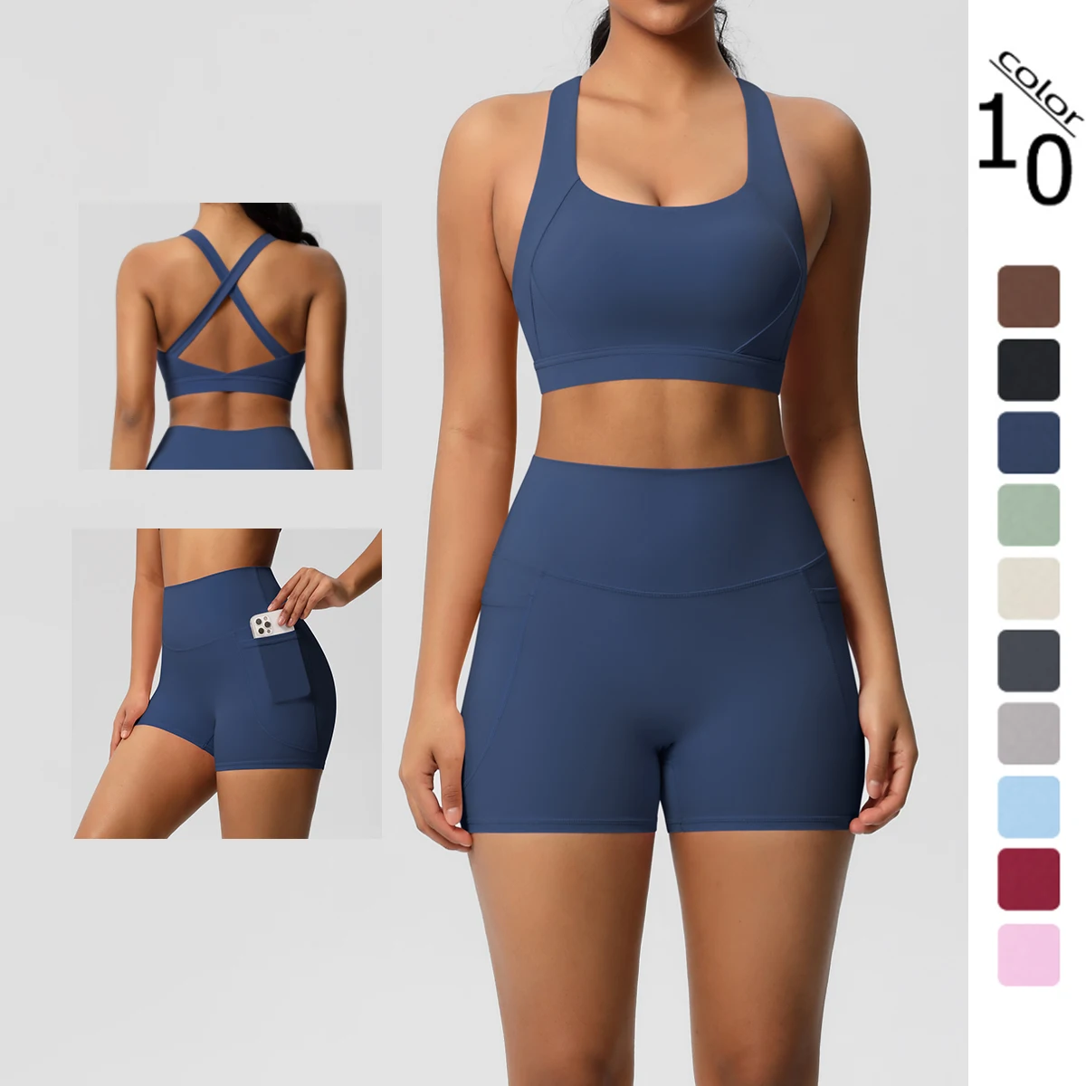 kf-S7697b9dcc0ca4427b05049db81dc802cb 2PCS Sportswear With Pocketed Yoga Set Gym Clothes Yoga Suits For Women Tracksuits Sports Shorts Crossover Bra Gym Leggings - Image 1
