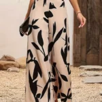 Women's Leaf Print Wide-Legged Casual Pants Loose Fit Fashionable Trousers