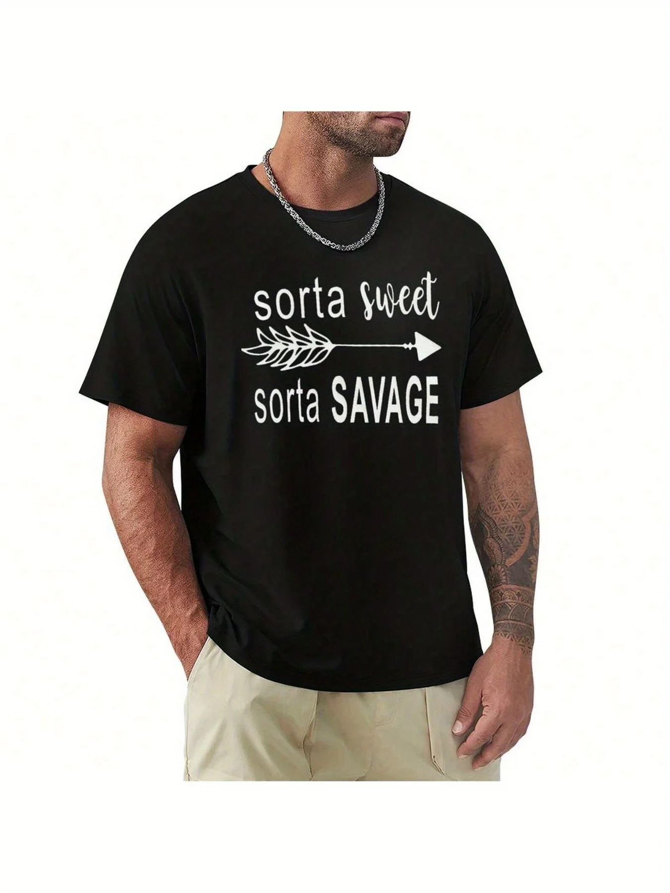 kf-S796e4d85128f4c14baeb3725093bba29r Men's "Sorta Sweet Sorta Savage" Graphic Tee - Casual Black Cotton T-Shirt with Detail, Short Sleeves, Round Neck, All-Seaso - Image 1