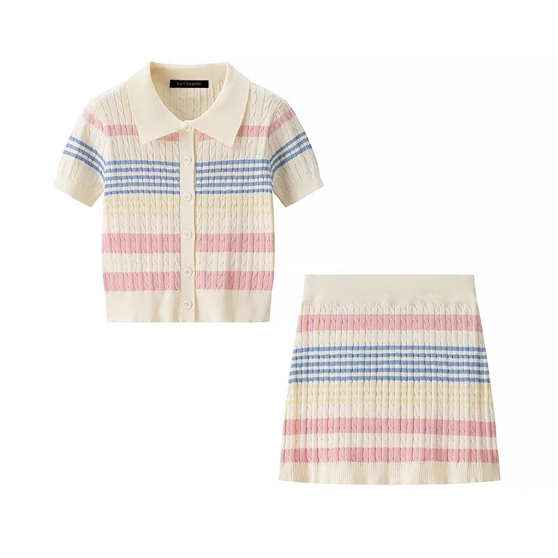kf-S7d4ddd7641314bc28befe7e02c01a0b5r 2025 New Summer Women Short Sleeve Single Breasted Short Tops + Color Striped Bodycon Short Skirts Knitted Two Piece Set Outfit - Image 1