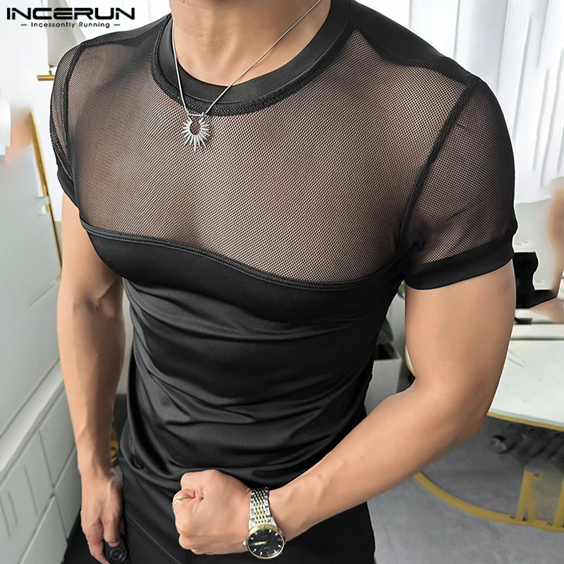 kf-S7e58a26f3a8d4e3084583f20cafc9389Z 2025 Men T Shirt Mesh Patchwork See Through Summer Skinny Men Clothing Streetwear Sexy INCERUN Fashion Party Camisetas Tee Tops - Image 1