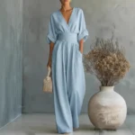 2026 Spring Deep V Neck Women's Jumpsuits Elegant Solid High Waist Rompers Casual Wide Leg Pants Pocket Overalls Vacation Outfit