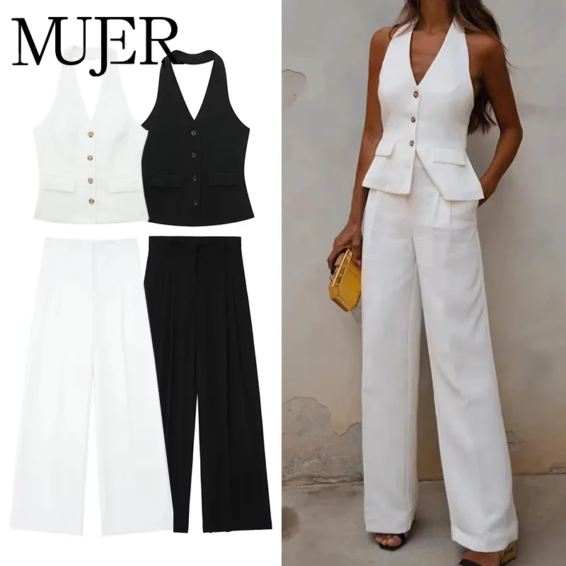 kf-S7f48795354a944f39cc359198fdb987cL MUJER Pants Sets For Women 2 Pieces Off Shoulder Sleeveless Vest Woman Outfit Fashion Wide Leg Pants Elegant Casual Women's Set - Image 1