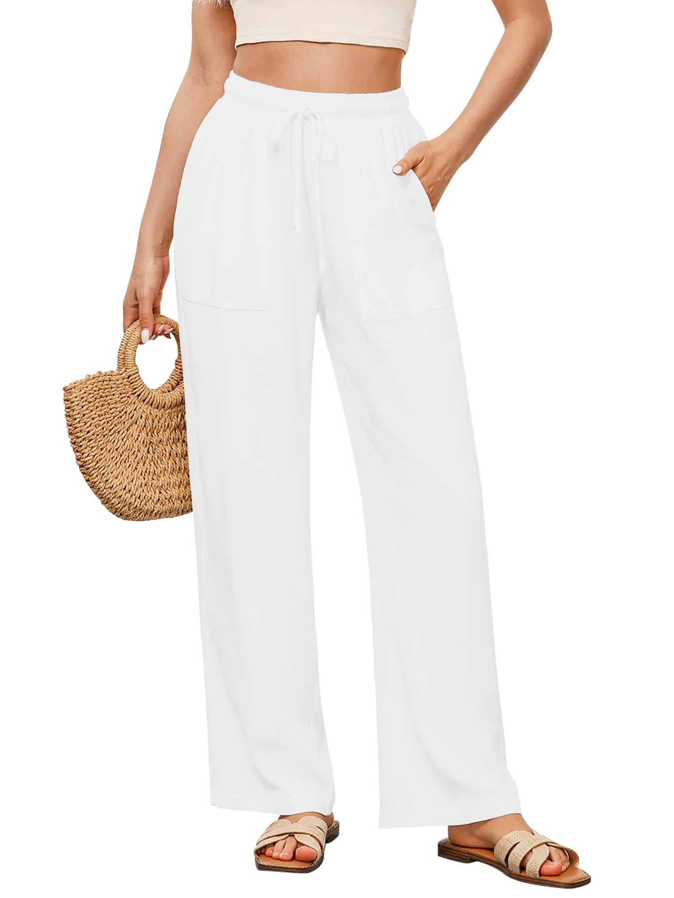 kf-S80598f8e6030435bbcc9ecae8800c5b5v Women's Solid Color Loose Wide Leg Pants Casual Drawstring Straight Pants Pocket Casual Pants Trousers Loose High Waisted Pants - Image 1