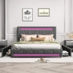 Anajqaqia 140×200/160×200 cm Upholstered Double Bed, Bed Frame with LED Light Strip and 4 Storage Drawers, Linen Fabric, Grey - Image 4