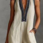 Summer Linen Commute Playsuits Overalls Vintage Contrast Color Sleeveless Jumpsuits Elegant High Waist Hollow Out Pocket Rompers