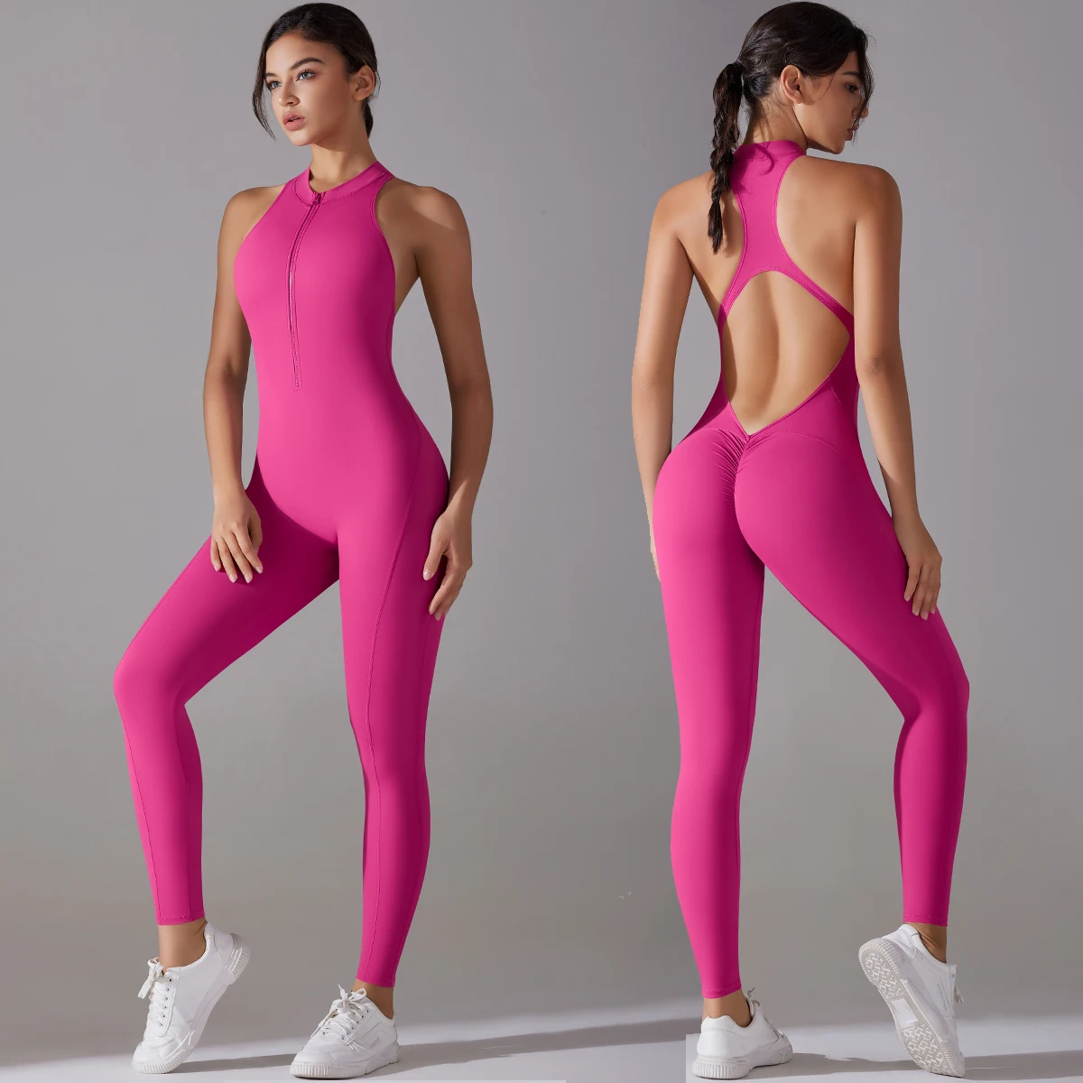kf-S88d9ccf49c0449a0b1e76a1d03f14f40b Sexy Hollow Backless Scrunch Sporty Jumpsuit Raises Butt Woman Gym Set One Piece Sport Suit Sleeveless Zip Yoga Fitness Overalls - Image 1