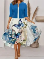 2024 Europe and the United States autumn new women's long dress two-piece set of floral print round neck dress coat women - Image 6