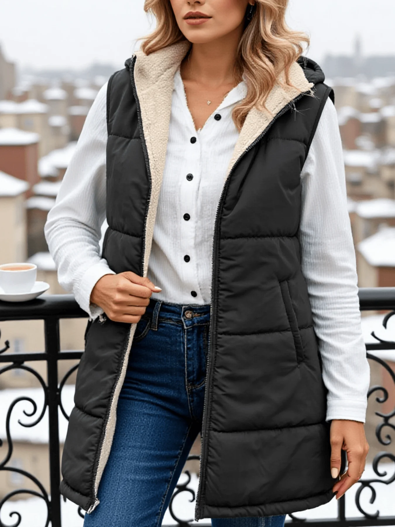 kf-S8f3e242ceaee494ca924d103a294477fu Thickened Cotton Padded Vest Zipper Womenwear Fleece Hooded Coat Lining Warm Winter Outdoor Casual Fashion Cotton Padded Vest - Image 1