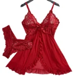 Red Lingerie Women's Underwear Sleepwear Lace Nightdress And Panty Pijamas Sets Female Nighty