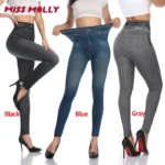 High Waist Faux Denim Print Leggings Women Sexy Skinny Pencil Pants Tummy Control Seam-free Shapewear Trousers No Pocket