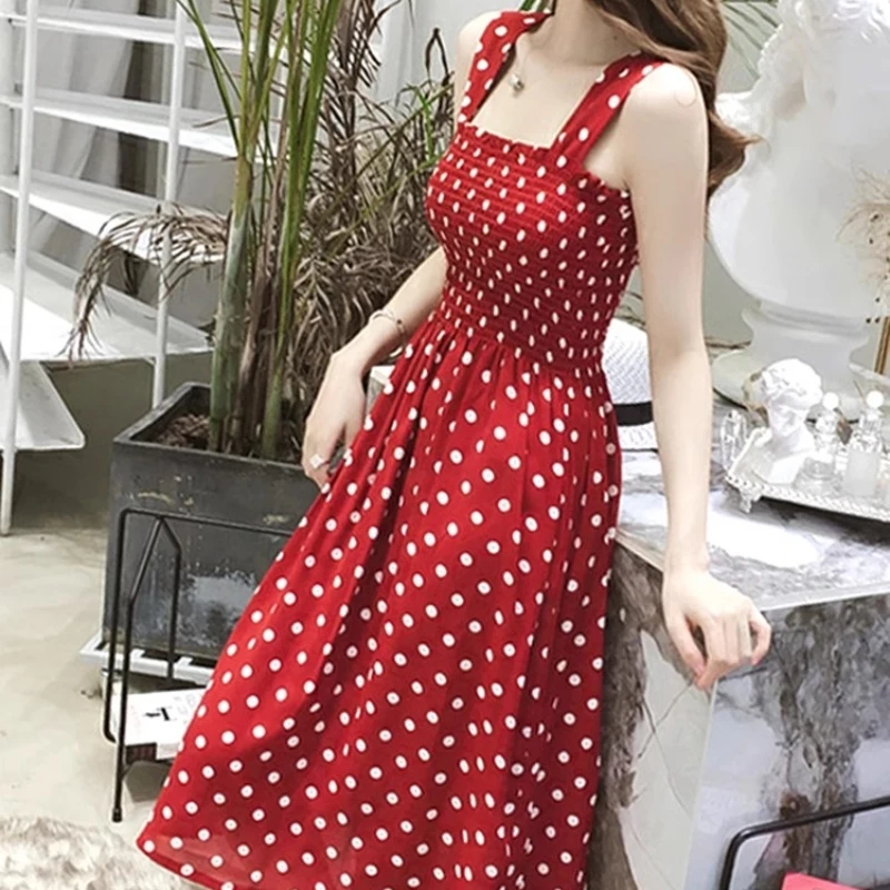 kf-S94b0a41b56004608ad6e741ac269d2e2n Women Summer Sleeveless Dot Dress Sexy Backless A-Line Spaghetti Strap Beach Style Dresses Camisole Off-Shoulder Folds Vestidos - Image 1