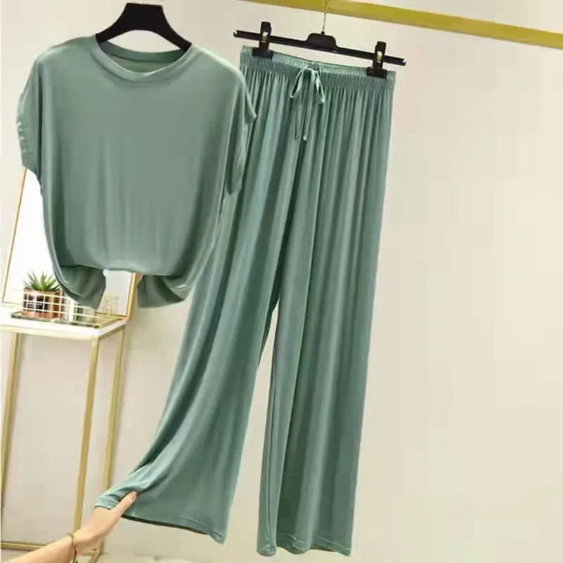 kf-S9723ab8c33d64144afda299f263bce5fi Modal Loose Homewear set O-neck Tshirts short sleeves and Wide leg pants Casual streetwear suit all match - Image 1