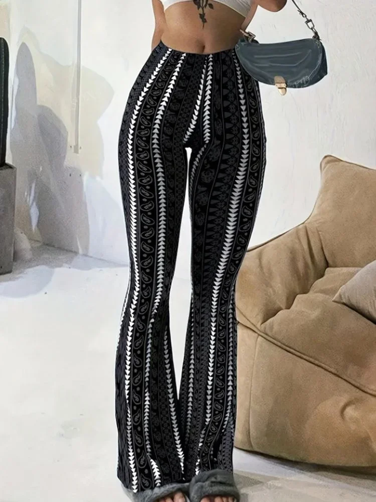 kf-S98aa670aaf644099860648078eae1194A Women Pants Retro Print Flared Leggings Sexy Slim Fit Casual Pants Street Style 2025 Spring Summer Fashion Long Trousers - Image 1