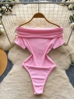 SINGREINY Off Shoulder Women Rompers Simple Style Open Crotch Solid Versatile Slim Chic Summer Casual Workwear Sensual Bodysuits