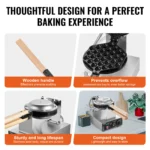 SucceBuy Commercial Egg Bubble Waffle Maker 1400W Non-Stick Stainless Steel Bubble Puff w/180° Rotatable 2 Pans & Wooden Handles - Image 5