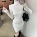 Women Autumn Winter Turtleneck Warm Bodycon Dress Long Sleeve Knit Solid Office Pullover Sexy Mini Dress for Ladies 2025 - Image 3