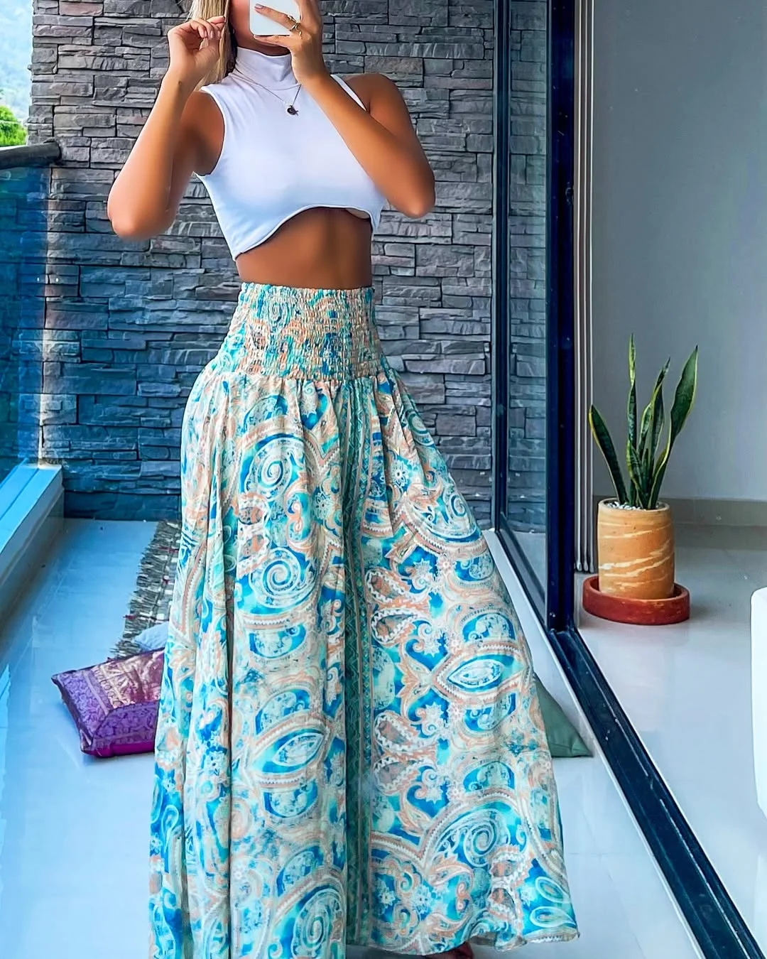 kf-S9f7d4f61dfbd44e9988314b0cedf44f3H Women's High Waist Printed Wide-Leg Pants Ruched Design - Beach Vacation Casual & Commute Fashion Slim Fit Outfits - Image 1