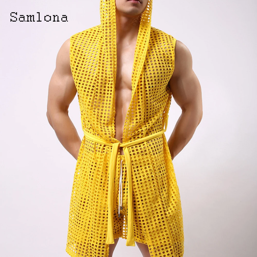 kf-Sa26f064e5a9a48998e836b280def5202U Sexy Men Hollow Out Tank Tops Sleeveless Long Vest 2022 European Style Casual Beach Shirt Clothing Open Stitch Hooded T-shirt - Image 1