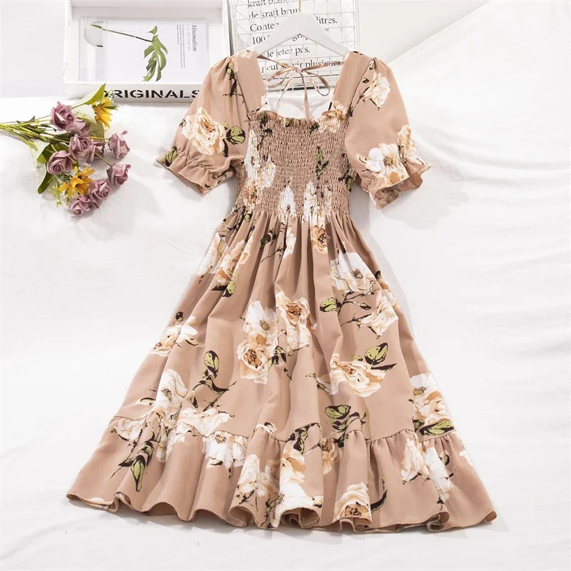 kf-Sa27f3eec5f0348eb8aa4d7415b4d786bR Spring Summer Chiffon Dresses Fashion Female Elastic Waist Short Sleeve Pleated Casual Dress Women A-line Dresses Vestidos - Image 1