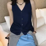 HanOrange 2026 Summer Lazy V-Neck Knit Single-breasted Vest Side Tie Design Women Sleeveless Top Black/Beige/Navy Blue