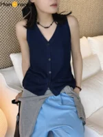 HanOrange 2026 Summer Lazy V-Neck Knit Single-breasted Vest Side Tie Design Women Sleeveless Top Black/Beige/Navy Blue