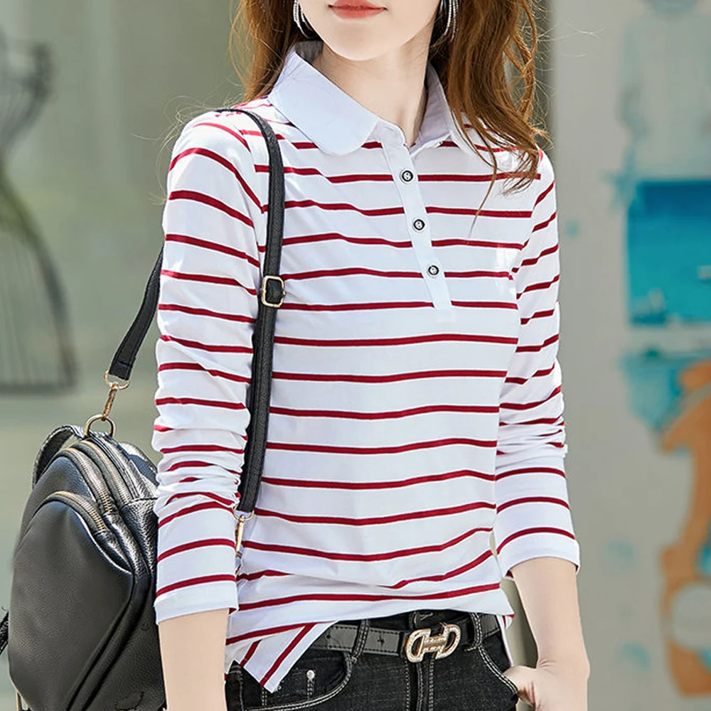 kf-Sa4220bc37e4546eca3c1c3492b0548c2H Flip collar striped t-shirt for women's spring and autumn new fashionable long sleeved polo shirt for women's pure cotton shirt - Image 1