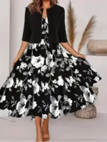 2024 Europe and the United States autumn new women's long dress two-piece set of floral print round neck dress coat women - Image 5