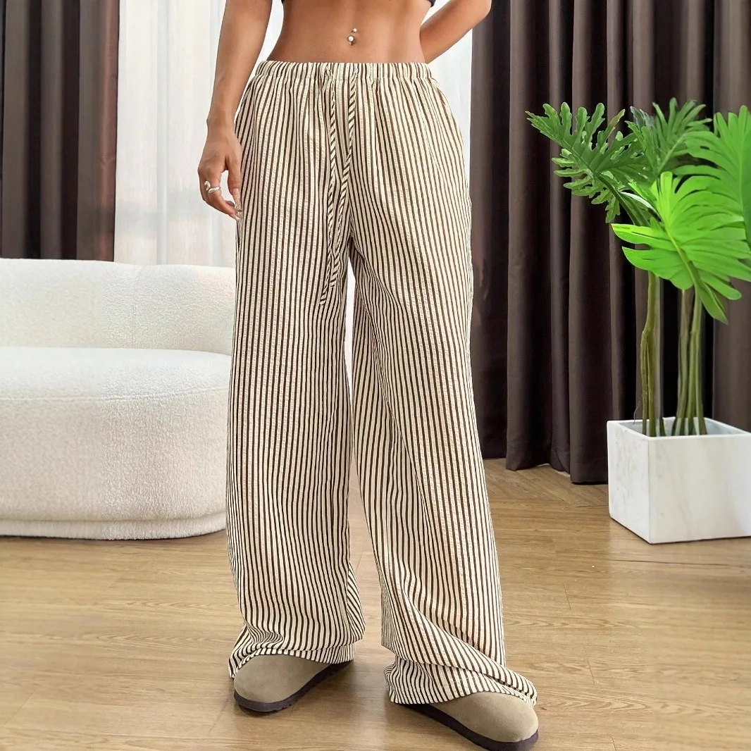 kf-Sa702d6ad37f34469baf835df969b1620W 2025 Autumn New Cross border Women's Fashion Loose Striped Drawstring Elastic Waist and Floor Pants from Europe and America - Image 1