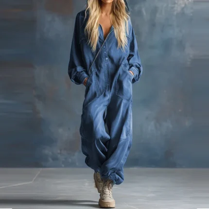 Elegant Hight Street Denim Hooded Jumpsuit Casual Long Sleeve Pockets Loose Party Playsuits Fashion Single-breasted Solid Romper
