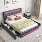 Anajqaqia 140×200/160×200 cm Upholstered Double Bed, Bed Frame with LED Light Strip and 4 Storage Drawers, Linen Fabric, Grey