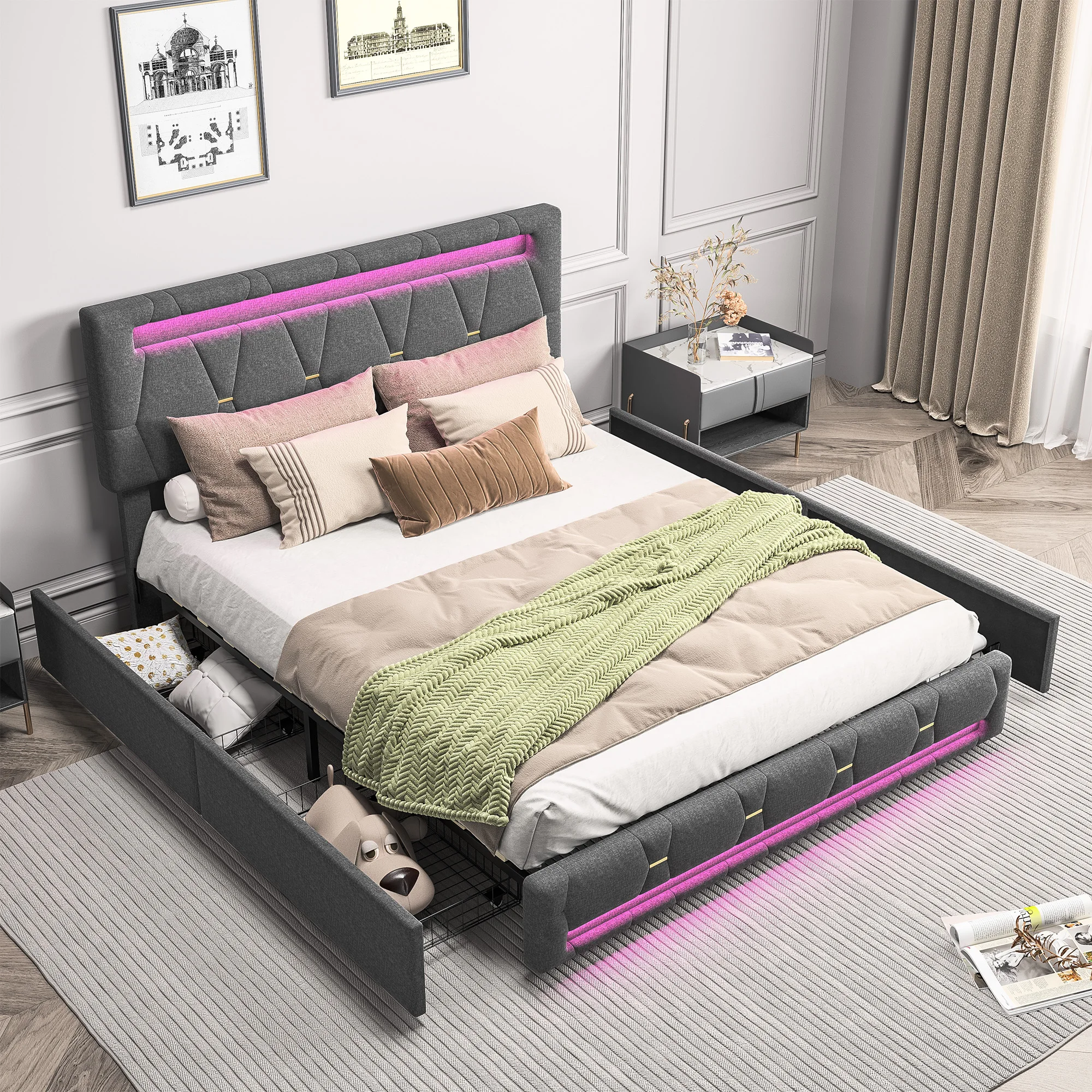 kf-Sa98bc4967c57471d87ec2c14f91dd382O Anajqaqia 140×200/160×200 cm Upholstered Double Bed, Bed Frame with LED Light Strip and 4 Storage Drawers, Linen Fabric, Grey - Image 1
