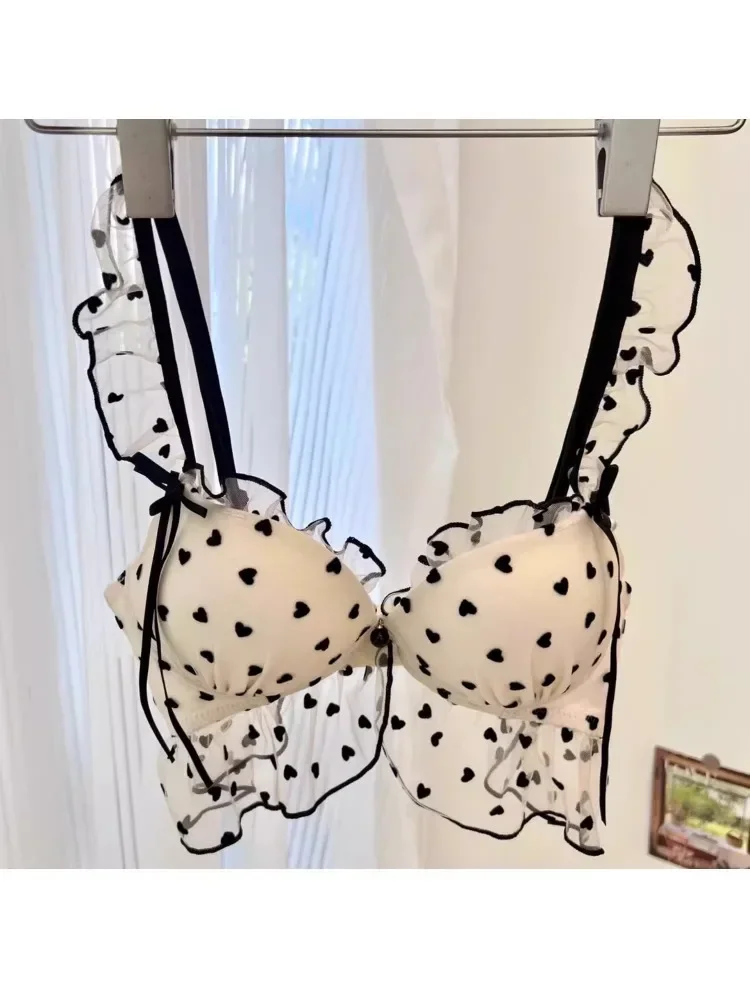 kf-Sae36430021dd4180850556b589a89448M BANERDANNI Simple Light Luxury Love Printed Lace Underwear Set Women's Small Breasts Gather Sexy Pure Desire Sweet Bra Cute Bra - Image 1