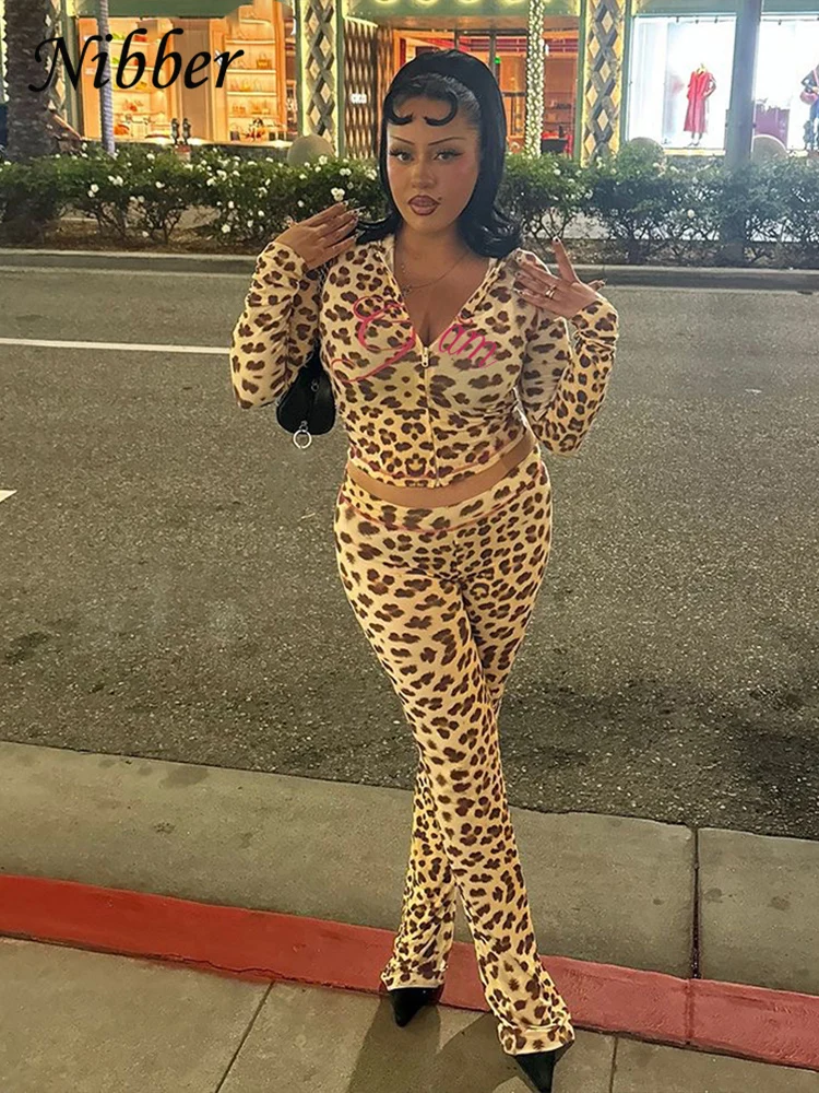 kf-Sae83385cc11848faab75bbbe37b6db06p Nibber Leopard Print 2 Piece Set Women's Autumn Tracksuit Athleisure Hooded Crop Jacket + Flared Pants Stretch Matching Suit - Image 1