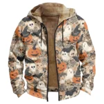 Glow Pumpkin Screaming Ghost Print Men's Halloween Hooded Coat Jackets Zip-Front Pocket Fall Costume Cozy Outerwear Trending