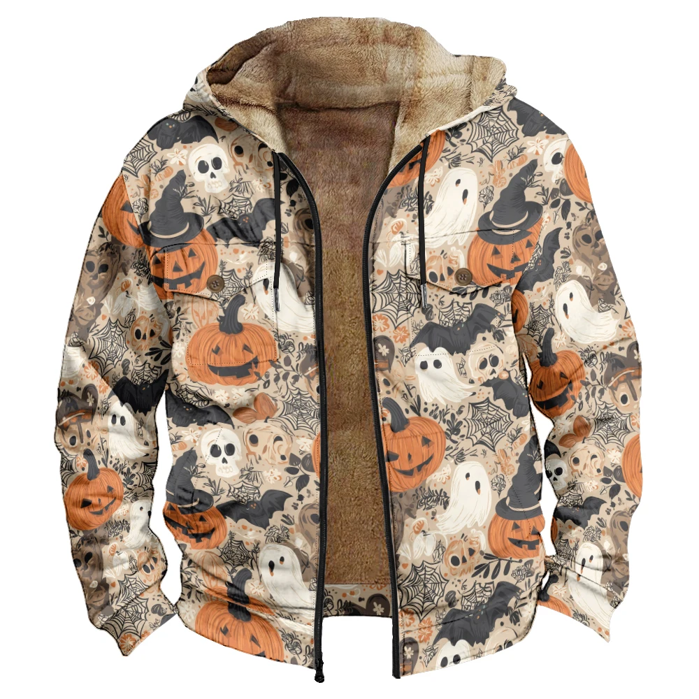kf-Sba54dcfb14504b40a606c87e1ffd8ebbH Glow Pumpkin Screaming Ghost Print Men's Halloween Hooded Coat Jackets Zip-Front Pocket Fall Costume Cozy Outerwear Trending - Image 1