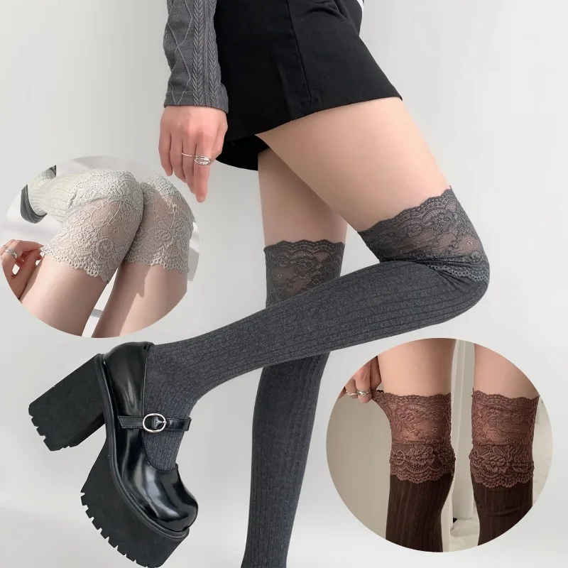 kf-Sbbd2dd34f8eb4ca4be152cba1c6347cbB Women Lolita Lace Thigh High Stockings Floral Knit Slouchy Over Knee Socks High Elastic Daily Hosiery - Image 1