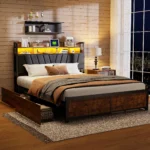 Comanlai 180/160/140×200cm Double Upholstered Bed with LED Light Strip, 4 Drawers and Storage Space, and Headboard with USB - Image 3