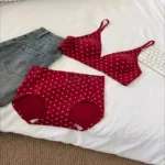 Red Polka Dot Seamless Bra Set Women Soft Support Thin Small Bust Gathering Wedding Bride Natal Year Lingerie Set S-XL