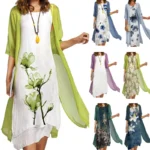 2025 new! Eu-us Summer Women's casual elegance 2 printed crew-neck loose dress sweater coat set
