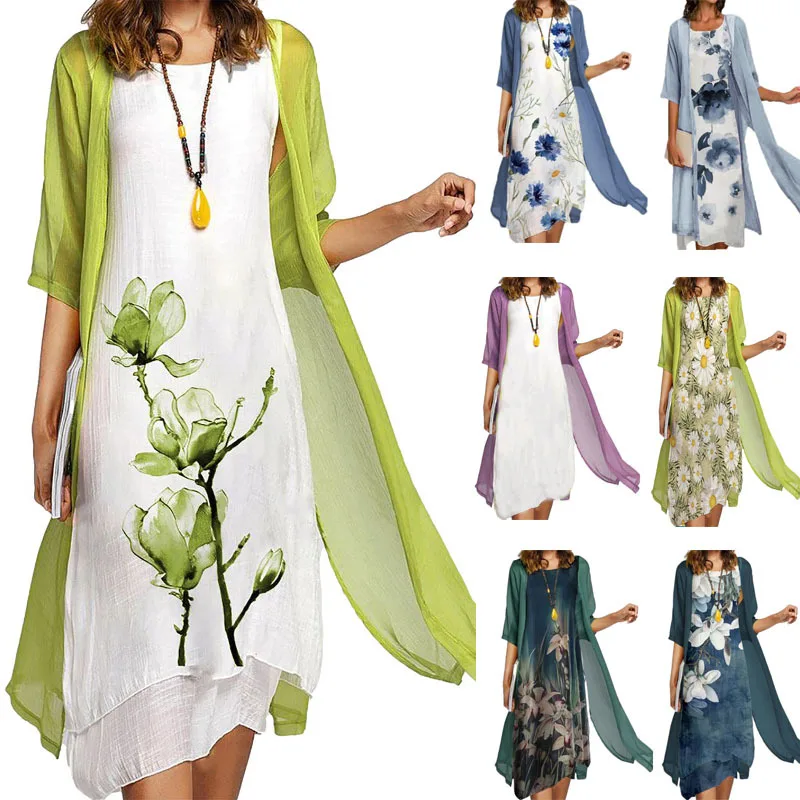 kf-Sc0ce4945a18c4dc2b2671e7f6b5b0a69D 2025 new! Eu-us Summer Women's casual elegance 2 printed crew-neck loose dress sweater coat set - Image 1