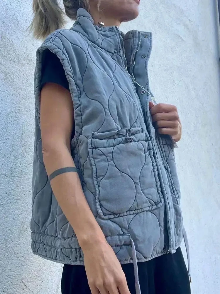 kf-Sc39dbedc5cc34085bdd376a5bcdce65dS 2024 Spring Women's New Patch Pocket Stand-up Collar Sleeveless Padded Vest Coat Warm Cotton Tank Coat Female Padded Coat - Image 1